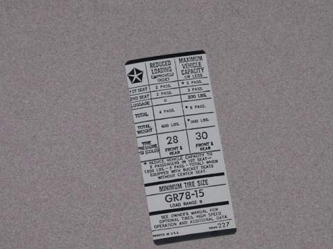 GR78X15 Tire Pressure Decal 3845 227