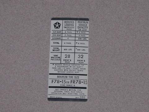 FR78X15/F78X15 Tire Pressure Decal 3845 386
