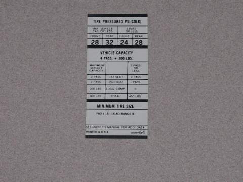 Hemi F60X15 Tire Pressure Decal 3402 064