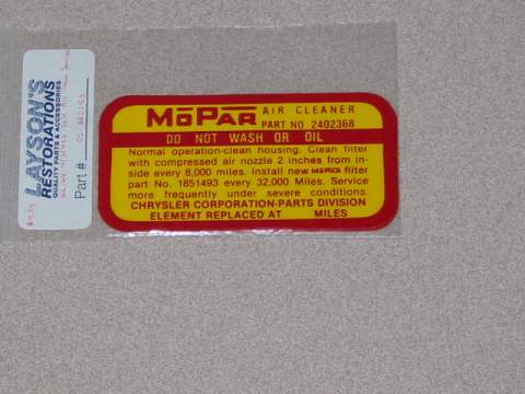 Air Cleaner Decal, 413/426 2x4 Carbs Air Cleaner Service Inst Decal