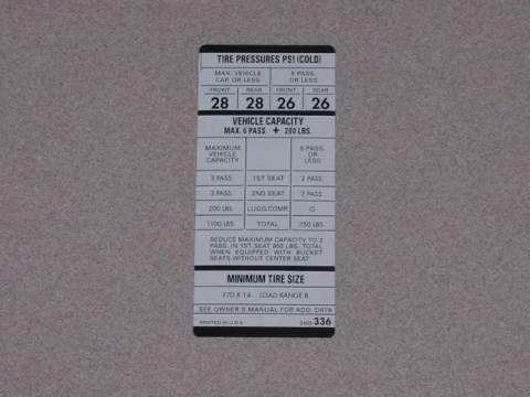 Tire Pressure Decal - F70X14 - 3402 336