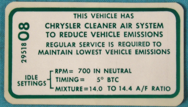 Emissions Specifications Decal - 1969 340 4-bbl with A/T. Original part #2951808