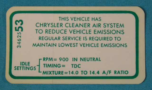 Emissions Specifications Decal - Most 1969 440 6-bbl with M/T (early). Original part #3462553