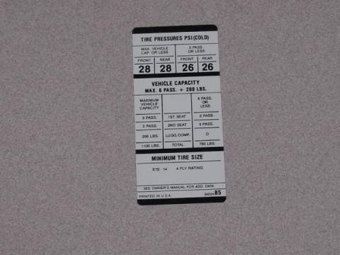 E70X14 Tire Pressure Decal 3400 485