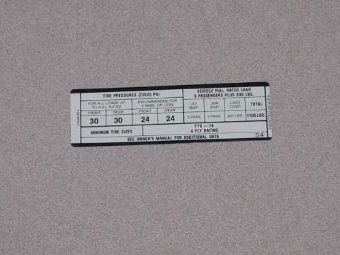 Road Runner F70X14 Tire Pressure Decal