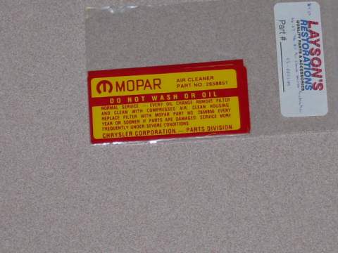 Air Cleaner Decal, 426 Hemi Air Cleaner Service 2658 851