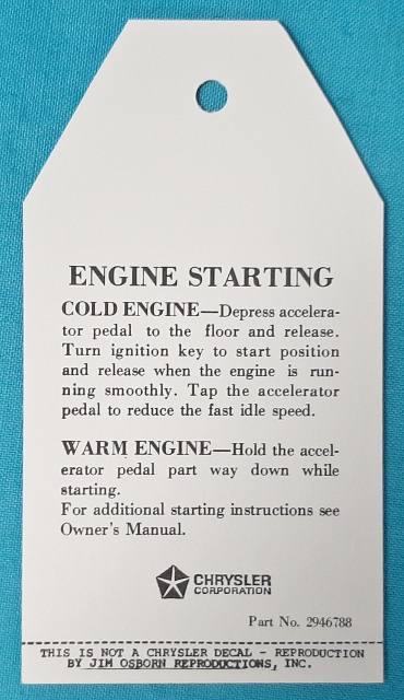 Engine Starting instruction tag 
(all)