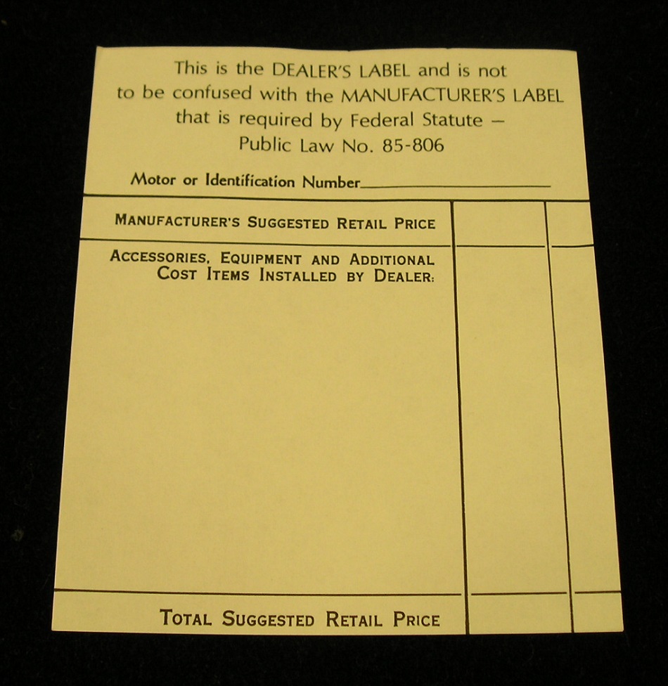 Dealer Installed-accessory window price sticker - Chrysler/Plymouth/Imperial/Dodge