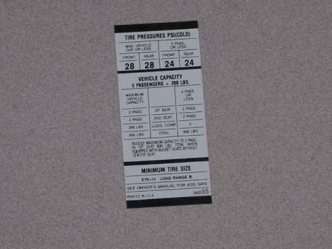 A-Body 340 E70X14 Tire Pressure Decal 3402 055