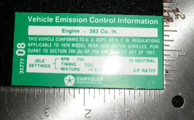 Emissions Specifications Decal - 1970 383 4-bbl with M/T (late). Original part # 3577708.