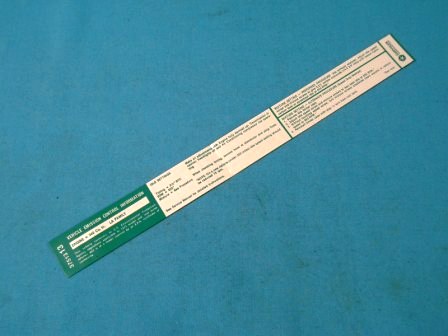 Emissions Specifications Decal - 1973 340 4-bbl with A/T. Original part #3751313. Green print on white decal.