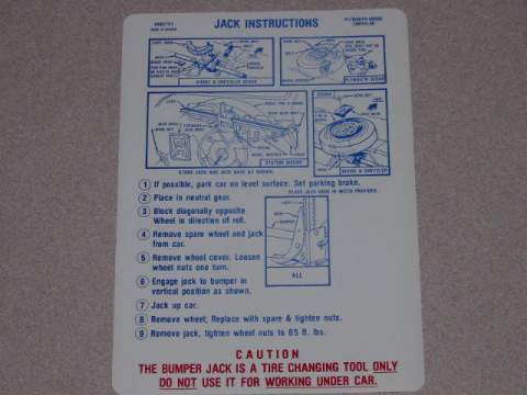 Jack instruction Decal - Original Chrysler part #2962 721(all)