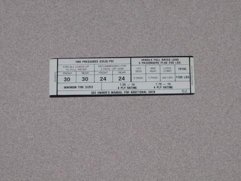 Tire Pressure Decal, Charger -2948 052