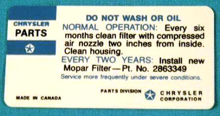 Air Cleaner Service Instruction Decal  #2863 349