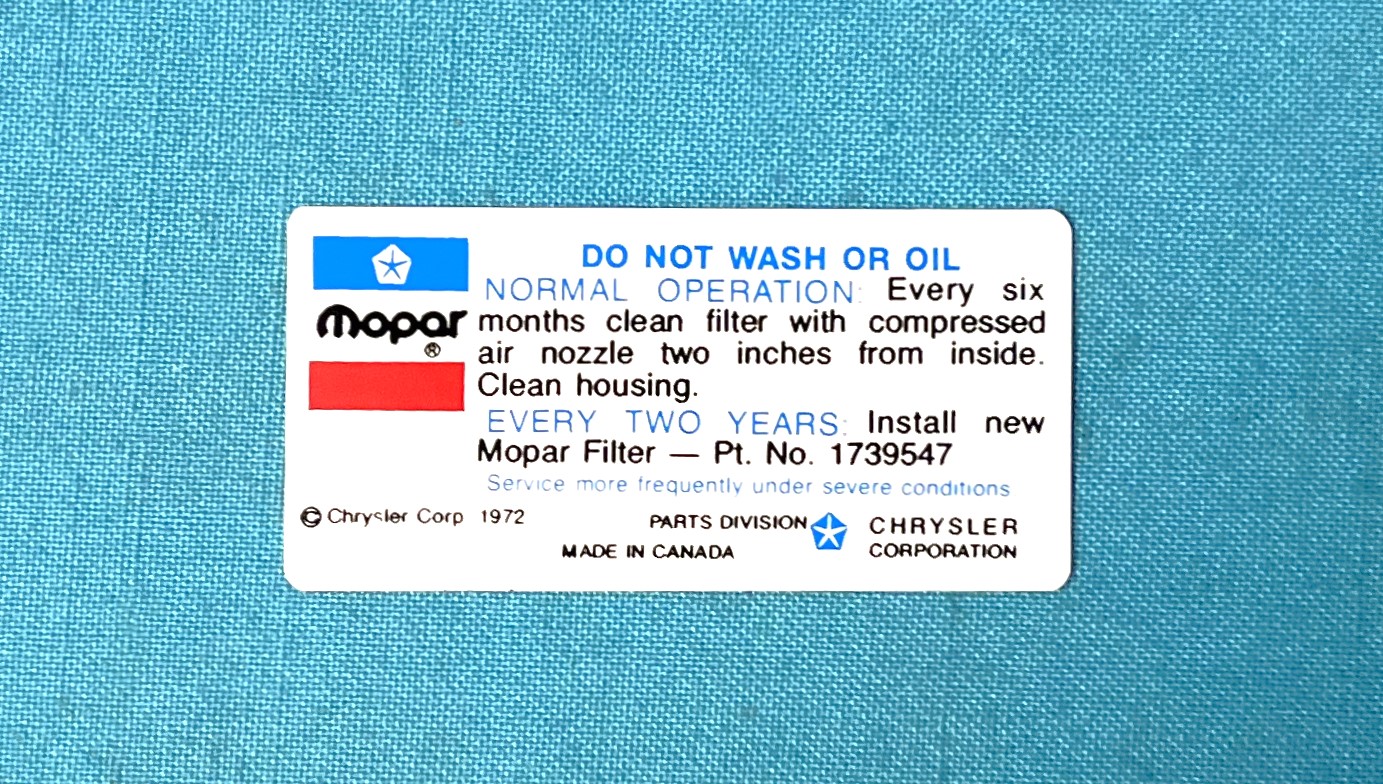 Air Cleaner Decal, 318 - 2V Air Cleaner Service Instruction Decal