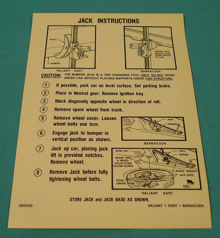 Jack instruction Decal - Late Valiant/Dart/Cuda - Original Chrysler part #2833 529