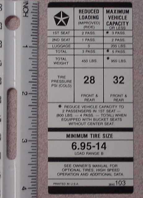 Duster 695X14 Tire Pressure Decal 3845 103