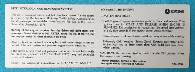 Start instruction/ belt interlock decal