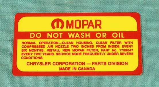 Air Cleaner Decal, 318 Air Cleaner Service Inst. Decal 1739 547