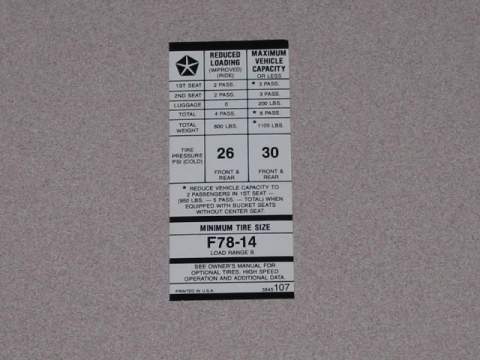 Satellite F78X14 Tire Pressure Decal 3845 107