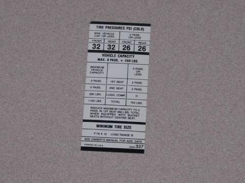 Fury F78X15 Tire Pressure Decal 3402 337