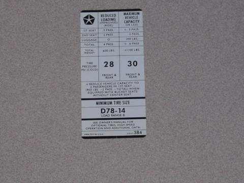 Duster/Dart - D78X14 Tire Pressure Decal 3845 384