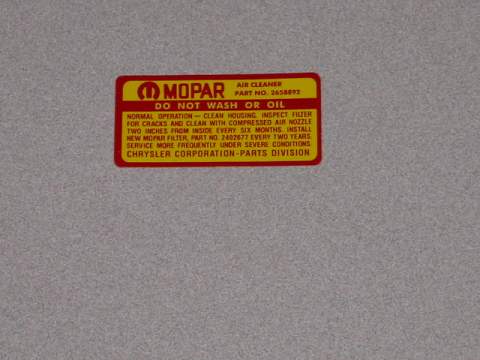 Air Cleaner Decal, 383 - 4V Air Cleaner Service Inst Decall 2658 892