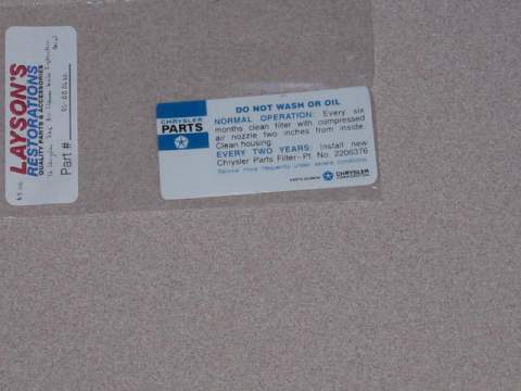 Air Cleaner Decal, Chrysler 225 Air Cleaner Service Inst. Decal 2206 376