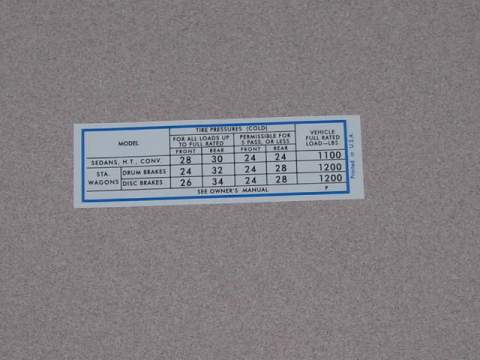 Plymouth Fury Tire Pressure Decal