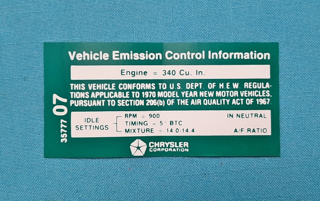Emissions Specifications Decal - 1970 340 4-bbl with M/T (late). Original part #3577707