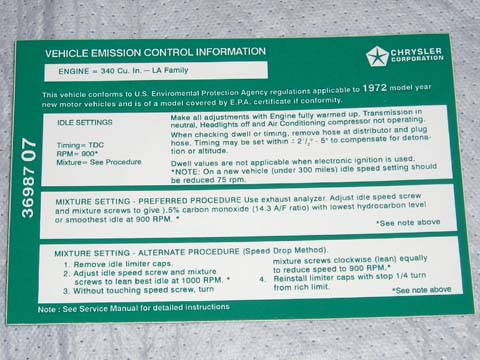 Emissions Specifications Decal - 1972 340 4-bbl with M/T. Green print on white decal - Reproduction. # 3698 707