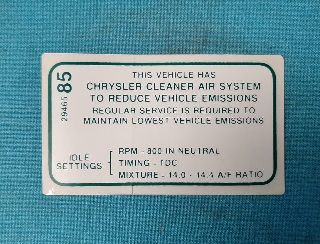 Emissions Specifications Decal - 1969 426 (most vehicles used this decal). Original part #2946585