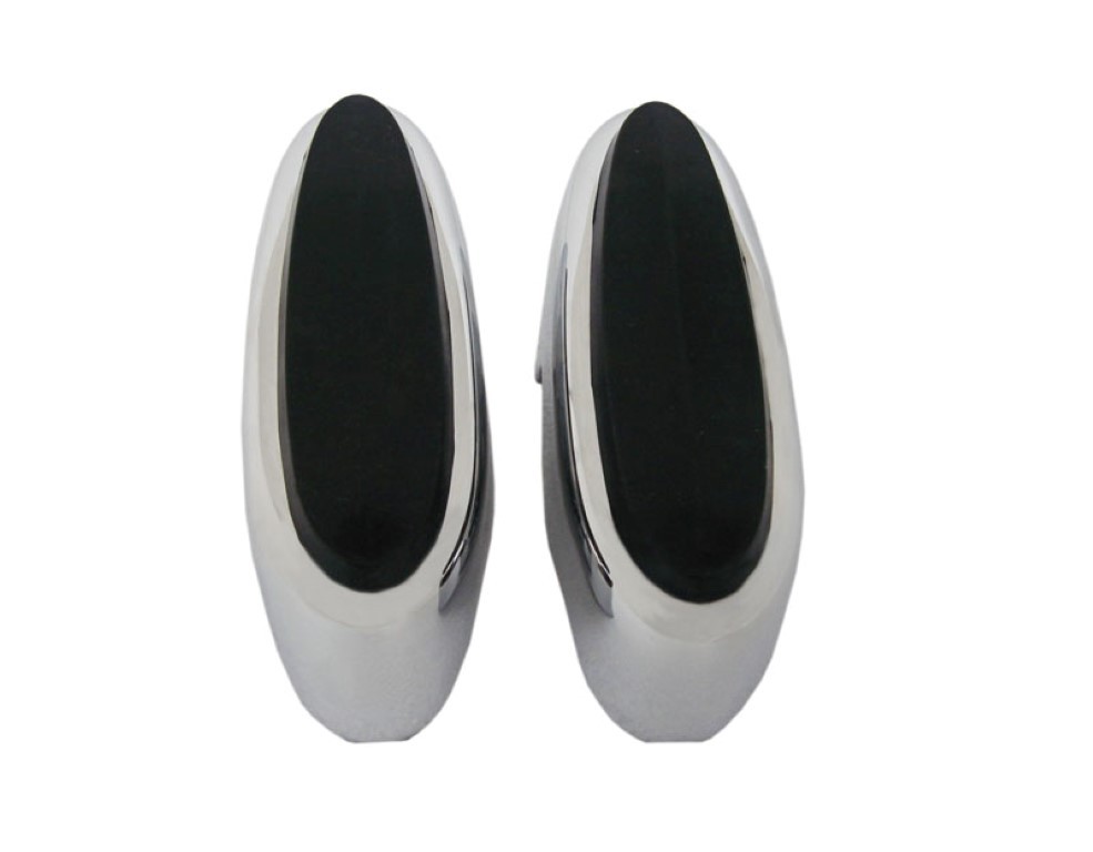 Chrome Bumper guards with pads (pair).  Oval shaped chrome guards with oval shaped rubber pads mounted on them.  These are for 1963 Models (PLYMOUTHS) and for 1965 Plymouth Belvedere only.