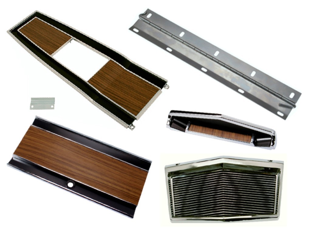 Console 5 piece kit (complete – 4 speed).  Console Top Plate, Console glovebox door, console top trim and console back trim - woodgrain version.  Console door hinge included.