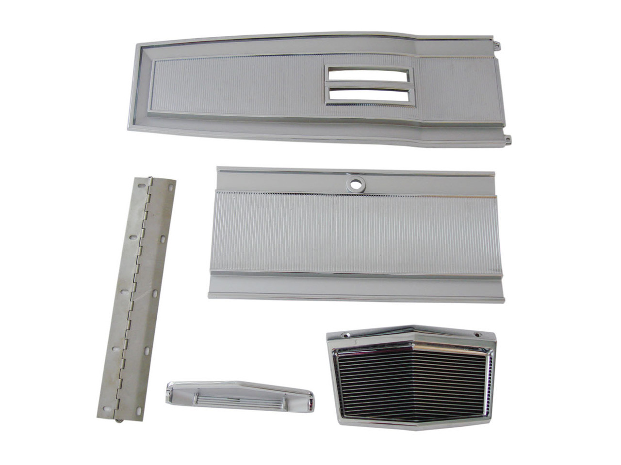 Console Plate Kit - Console 5 piece kit (complete – automatic). Console top plate, console glove box door, console end plate,  console top trim and console door hinge.