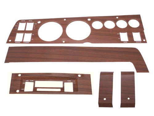 Woodgrain Ralley Dash Bezel set – (2) end covers, AM/FM radio, Glovebox bezel, Inst. Bezel for non A/C cars - discount exempt