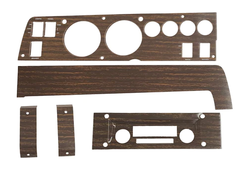 Woodgrain Ralley Dash Bezel set – (2) end covers, AM/FM radio Glovebox bezel, Inst. Bezel for non A/C cars.  This kit requires the black plastic bezels to mount as they are fitted with an aluminum plate with tabs. Discount exempt