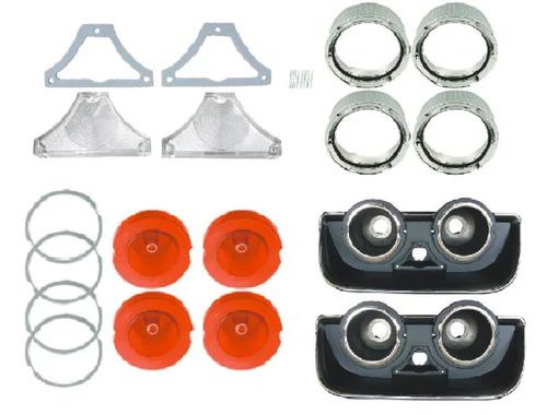 All (4) red lenses, lens round bezels and both bezel housings. Complete kit for both sides tailights.