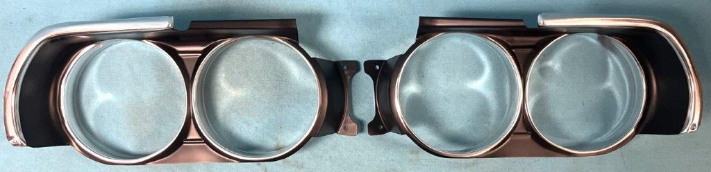 Challenger R/T Front Headlight Bezels – New reproduction In black (pair).  All that is left of this discontinued tool are slightly blemed versions at this reduced price as shown.  Down from $550 a set. The imperfections are on the underside of the eyebrows.  The forward facing chrome is very nice, just the inner portion is not....machine marks on the inner chrome.