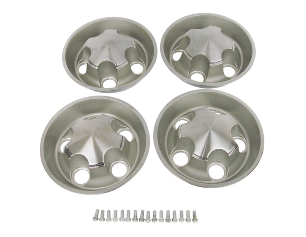 Ralley Wheel Center Caps - Large Bolt Pattern  5 x 4-1/2". 
Center Cap Nut-Shaped Cap (Acorn style) – Light Argent - Reproductions Set of 4.  Hardware is NOT included.