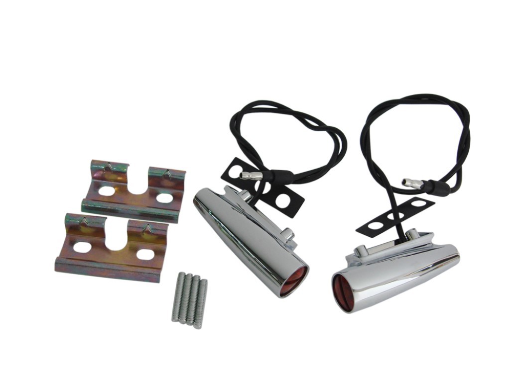Bullet Turn Signal Assemblies - Fender mounted, Triple Plated chrome. Complete set with new lenses, o-ring, stainless steel washer, new bulb, new studs and nuts, new mounting gasket and new wire.  Discount exempt