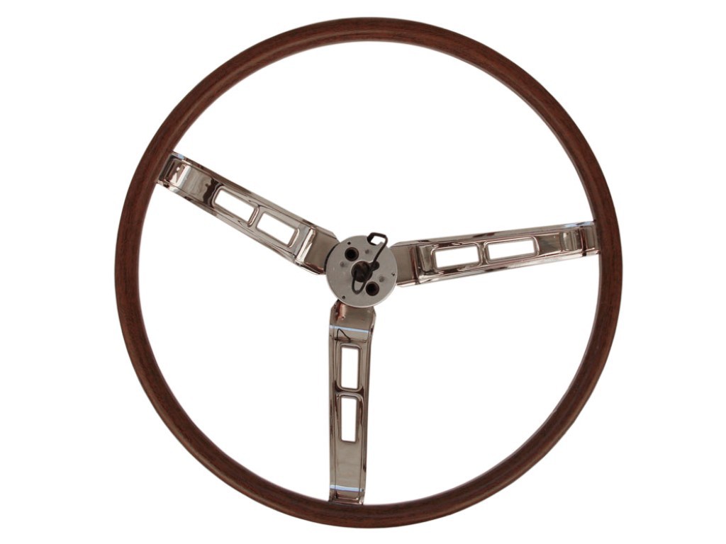 Woodgrain Steering Wheel-  3 chromed spoke Rally Woodgrain steering wheel<i>Note:  These will fit for 1967 A & B-Body as well but won't be correct technically - for 1967 there was a separate woodgrain steering wheel which was then later "recalled by Chrysler" and all that remainded were the painted style steering wheels.</i>  (Discount exempt)
