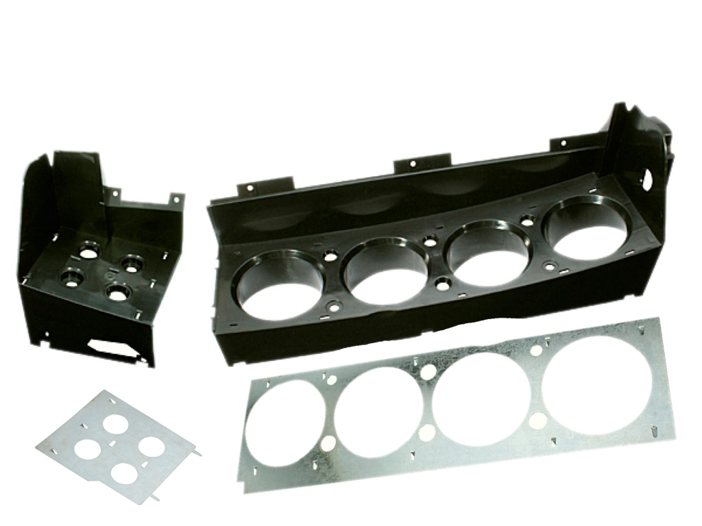 Rally Dash Bezel Gauge & Switches Housing kit (all 4 pieces).  This is a Fair to NICE quality reproduction but NOT exact.  The Round pods for each dash gauge is smaller than originals via reproduction shrinkage.  So mixing of old and new parts will not work well if at all for anyting on the bezel itself.