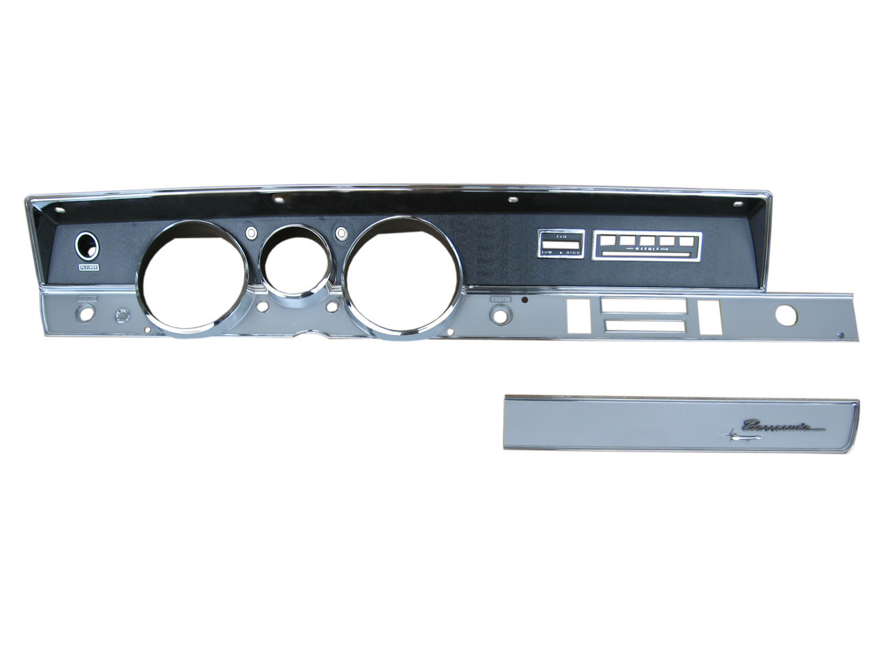A/C Instrument Bezel Non Woodgrain with glovebox piece.  Pictured is the instrument bezel AND the glovebox bezel - glovebox bezel can be purchased separately. - discount exempt
Note:  Bezel does NOT come with any lenses - that includes indicator lenses as well.