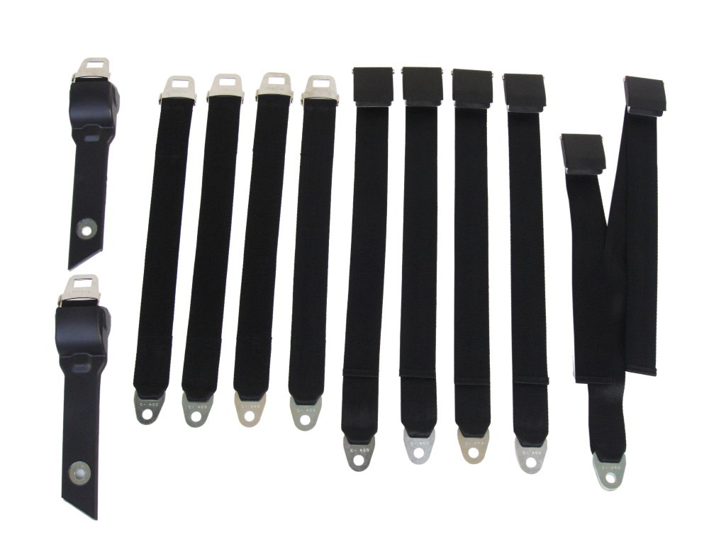 Seat Belts- Convertible  <B>Please Note:</B>  both lap belts for the front bench seat with Recoilers on the sides and (3) passengers worth of belts for the rear Bench seat.			
These seat belts have not been tested for SAE standards like originals – meant for show only.  IF using a belt for safety issues – refer to “Close to Concourse Reproductions” since those have been SAE tested to original spec.  Need to indicate if Bucket front seats or Bench front seats? (Discount exempt)