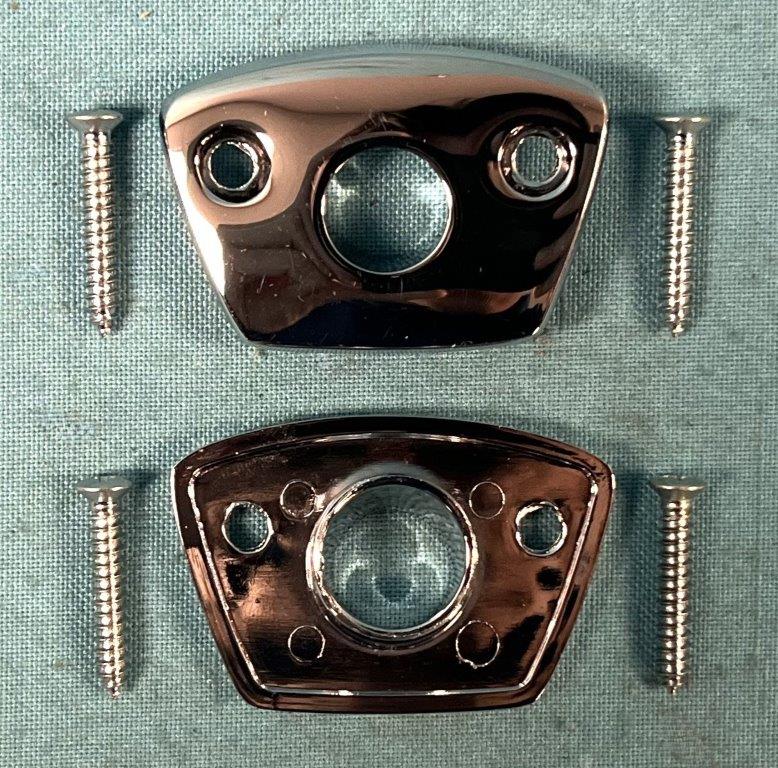 New Seat Escutcheons (bezels) for Bench Seats. Attach to the top of the seat where the headrest post slides in. Identical to the originals. 1968-70 A, B, C-Body - each set is for (1) seat.