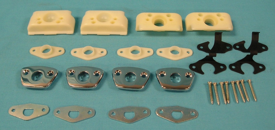 Complete Bench Seat Headrest Mounting Kit, includes the chrome escutcheons, foam gasket, plastic slides and hardware. 1968-70 A, B, C-Body