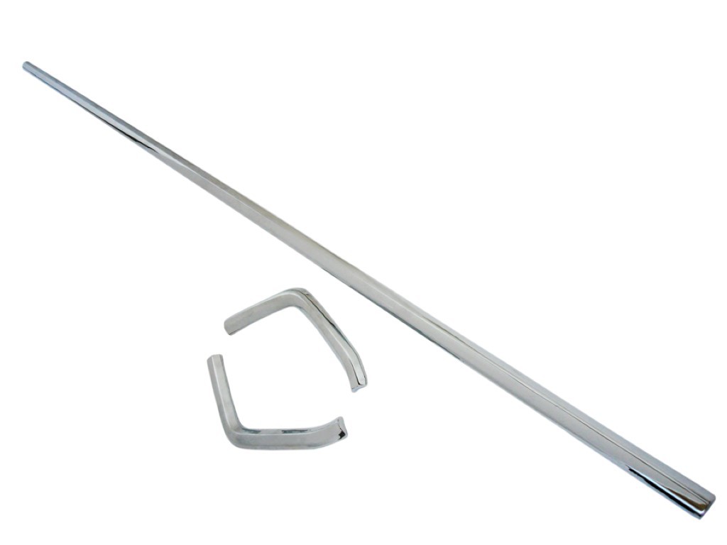 Trunk Molding set with mounting hardware.  This is the main trunk moulding and one each of the LH and RH quarter panel extension mouldings.  Made of stamped aluminum as originals and feature the correct chrome like appearance.