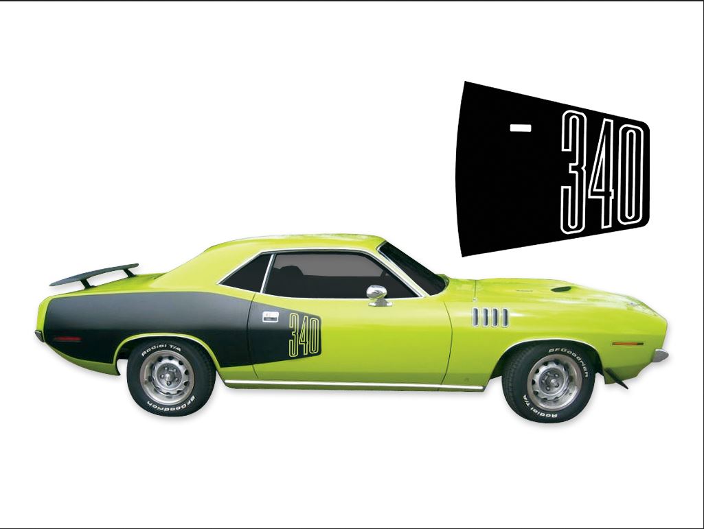 "Billboard" Side Stripe Kit with "340" numerals. Black.  This kit includes:  (2) door decals with "340" numerals, (2) rear quarter panel decals and squeegee.