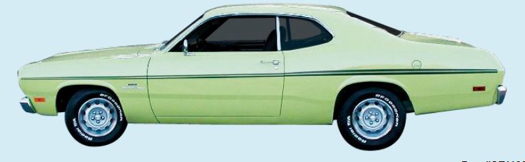 Sides, Tail Panel & 3 Names Stripe Kit - Black).   Kit includes :  (2) front fender stripes, (2) door stripes, (2) Quarter Panel stripes, (2) rear tail panel stripes, (2) “Duster” names, (1)	“Duster” or “Duster 340” (notify at time of order) tailpanel Dustcloud plus squeegee